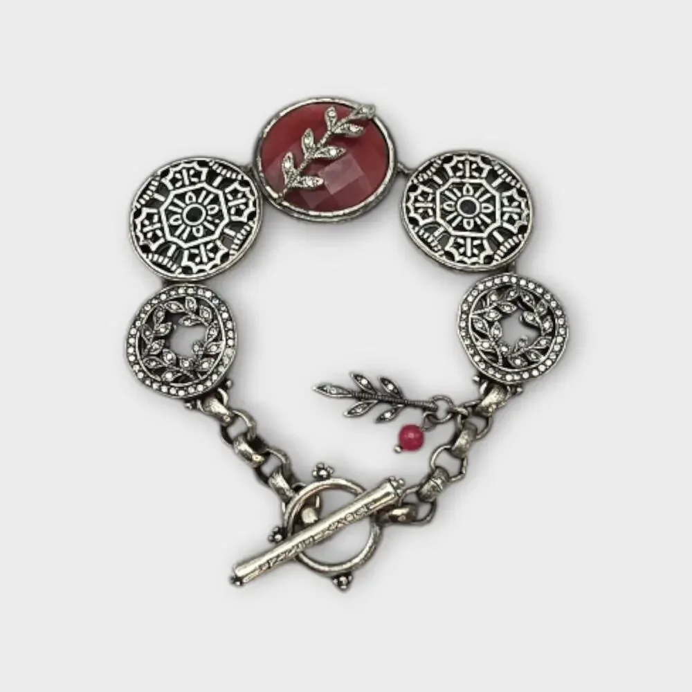 Lucky Brand Red Stone Medallion Bracelet – Rustic Boho Silver Tone